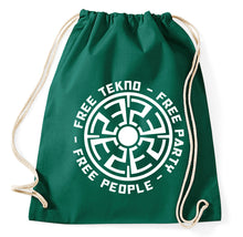 Lade das Bild in den Galerie-Viewer, Free Tekkno Free Party Free People Tekno Music Bass Turnbeutel, flaschengrün