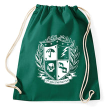 Lade das Bild in den Galerie-Viewer, Umbrella Logo Schule Ut Malum Pluvia Turnbeutel, flaschengrün