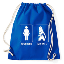 Lade das Bild in den Galerie-Viewer, Themyscira, Your Wife My Wife Deine Frau Meine Frau Turnbeutel royalblue