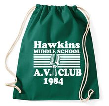 Lade das Bild in den Galerie-Viewer, Hawkins Middle School AV Club Fan Turnbeutel Sportbeutel Gym Bag, flaschengrün
