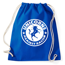 Lade das Bild in den Galerie-Viewer, Styletex23 Turnbeutel Unicorns Against Racism Fun Gegen Rassismus Faschismus, royalblue
