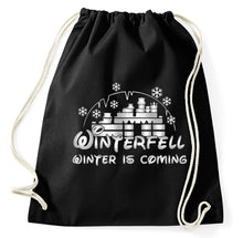 Lade das Bild in den Galerie-Viewer, Winterfell Winter is Coming Fan Fun Logo GOT Turnbeutel, schwarz
